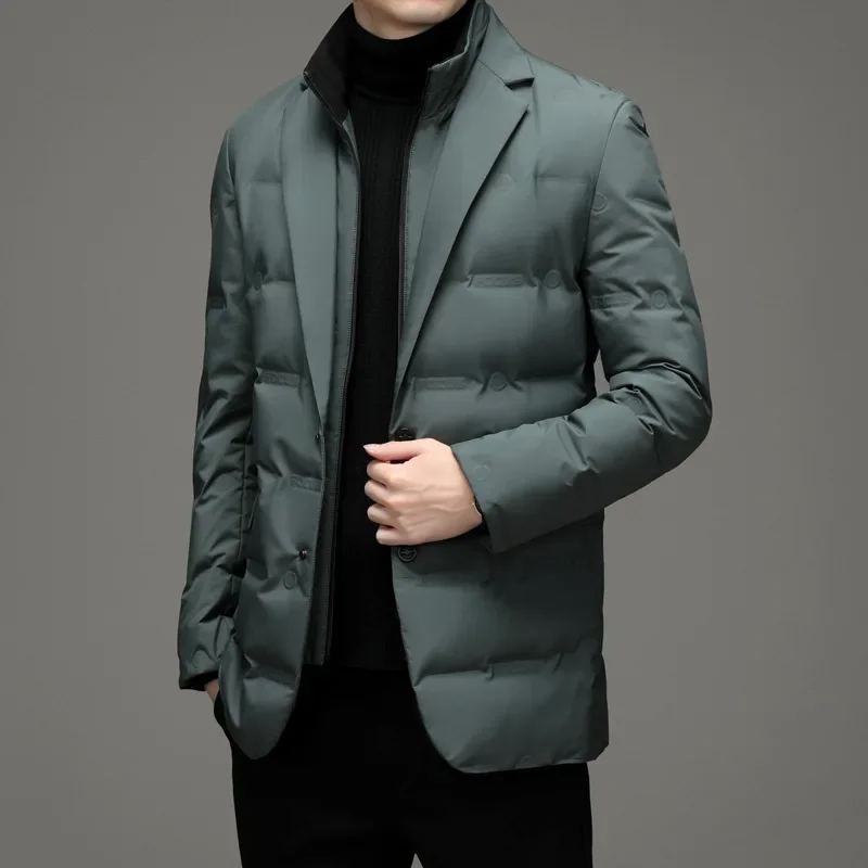 2024 Men's Winter New Fake Two-Piece Warm blazer Business Leisure Warm Stand-up Collar down Jacket