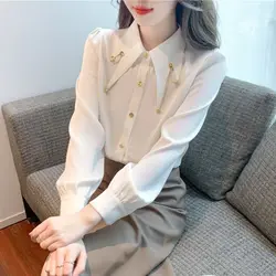 Women's Spring and Autumn Fashion Elegant Solid Button Doll Neck Chain Splice Long Sleeve Slim Fit Chiffon Cardigan Shirt Tops