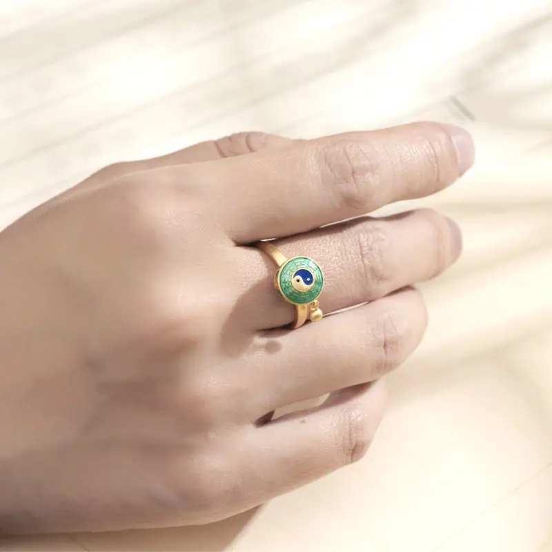 Sole Memory Chinese Retro Tai Chi Gossip Rotatable Decompress 925 Sterling Silver Female Resizable Opening Rings RI1134