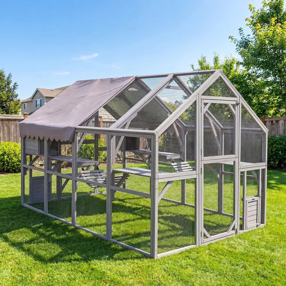 

Large Outdoor Cat Enclosure, 56.5 ft2 Walkin Catio with Weatherproof Roof, Wooden Cat Cage Playpen with Platforms amp Bridges,