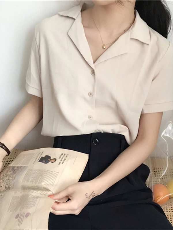 เสื้อผู้หญิงผ้าเนื้อนุ่ม สีพื้น ปกคอพับ สไตล์ลำลอง สตรีทแวร์ ทรงเข้ารูป แฟชั่นฤดูร้อน เสื้อเบลาส์ผู้หญิง