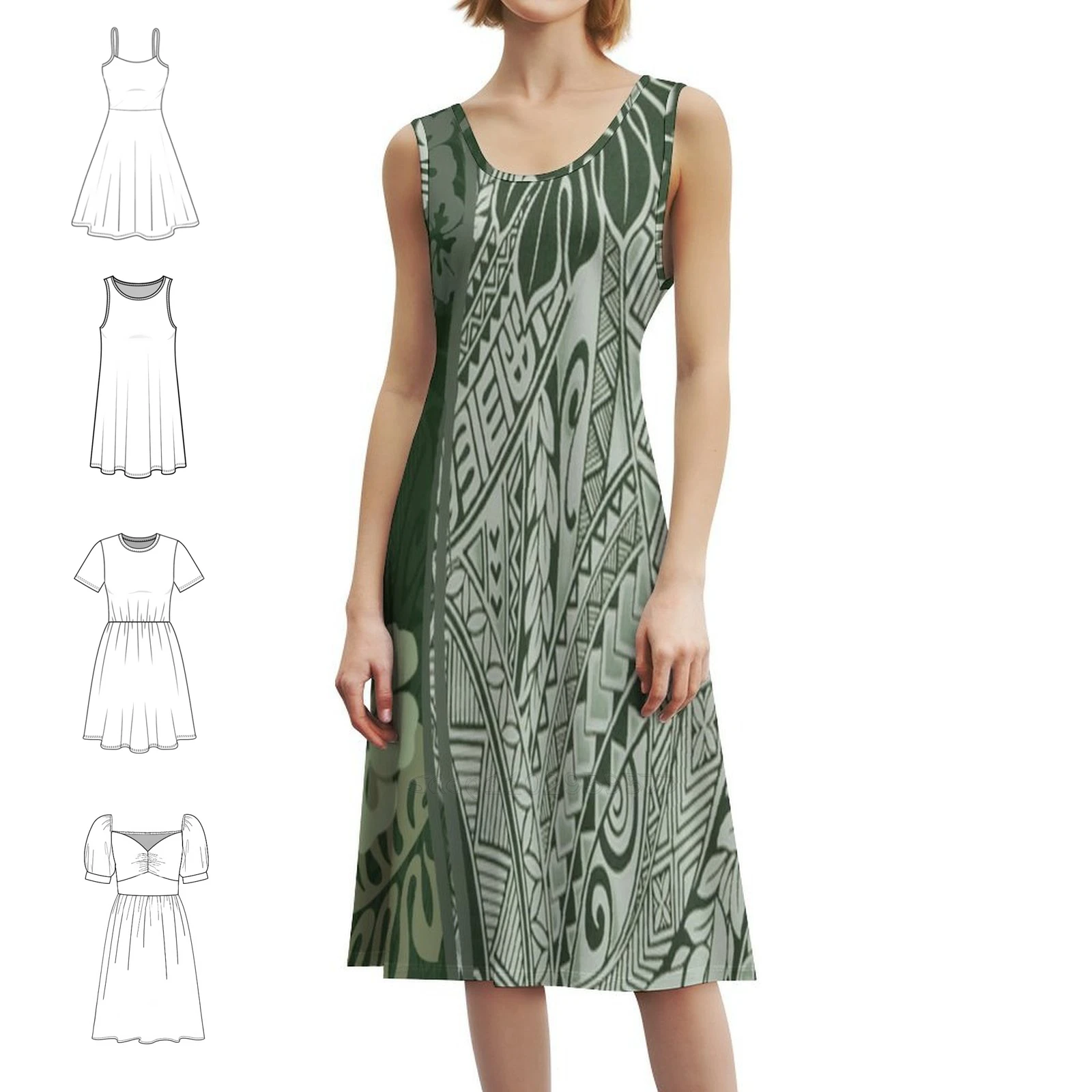 Hawaiian Green Tropical Tapa Print Sexy Vacation Dress For Women Beach Party Birthday Mini Dress Hawaii Hawaiian Tropical