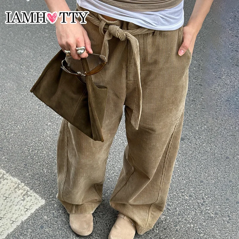 

IAMHOTTY Vintage Lace-up Waist Corduroy Pants Khaki Wide Leg Straight Pants Streetwear Chic Casual Trousers Grunge Sweatpants