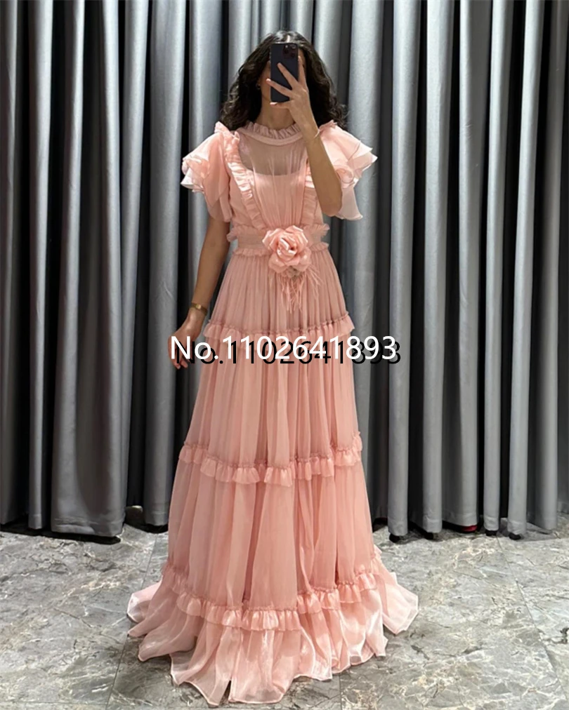 Elegant Dubai Solid Evening Dresses Ruched O-Neck A-Line Pleated Sleeves Formal Prom Dress Tered Ruffles Occasional Party Gowns