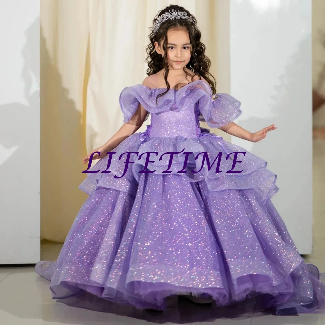 Customized Lavender Flower Girl Dress For Wedding Glitter Tulle Ruffles Elegant Princess Birthday Party First Communion Gown
