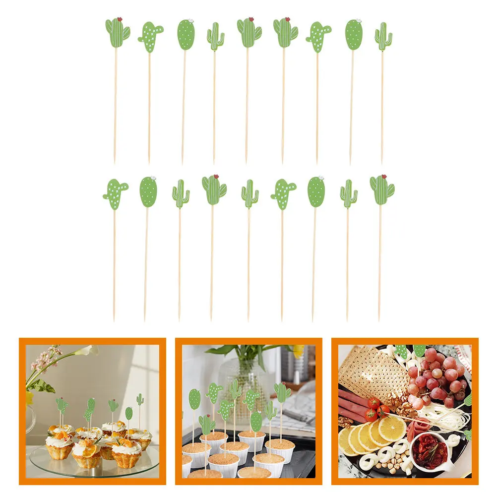 2Packs Bamboo Fruit Picks Cactus Shaped Cocktail Skewers Disposable Party Food Picks Decorative Fruit Sticks for Appetizers