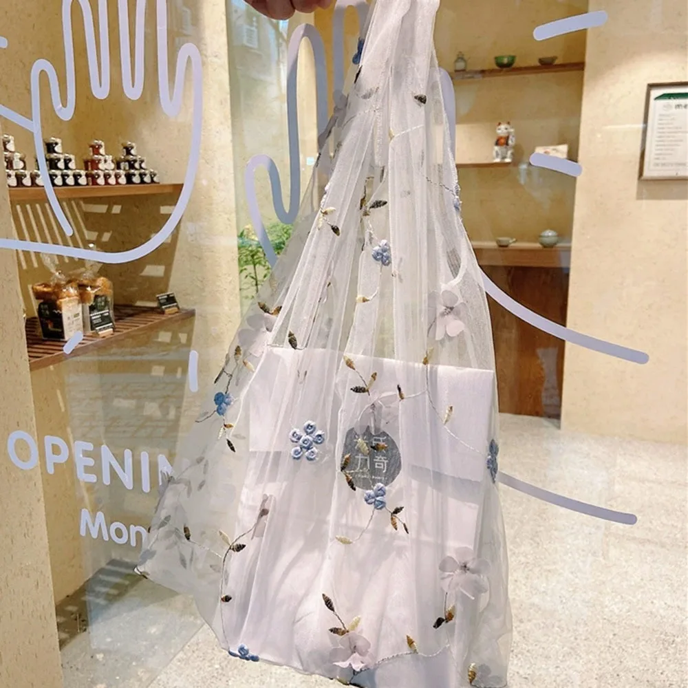 

Transparent Mesh Embroidered Flower Bag Large Capacity Reusable Organza Tote Bags High Quality Eco Cloth Shopping Bag