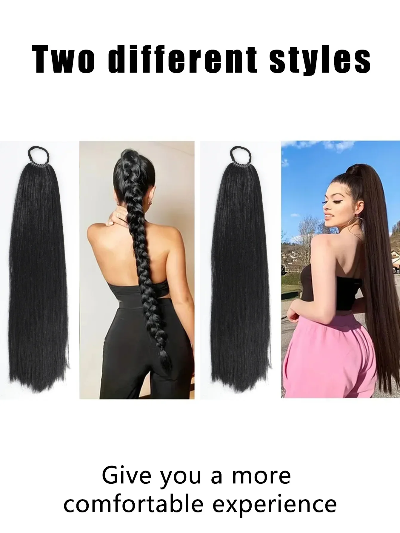 Synthetic Rubber Band Ponytail long straight Woman Black Slightly Ponytail Extension Long Heat-resistant Wig