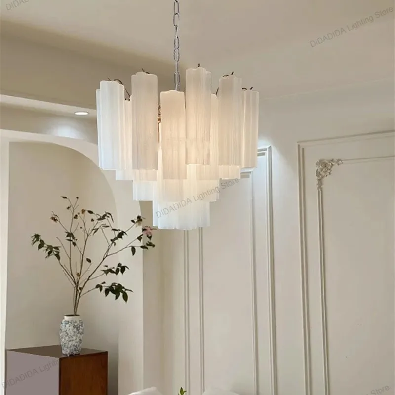 Lampu Gantung Tabung Kaca Murano Nordic Bentuk Lingkaran Kaca Putih Buram Abu-abu Asap Baja Tahan Karat Dapat Diredupkan Lustre