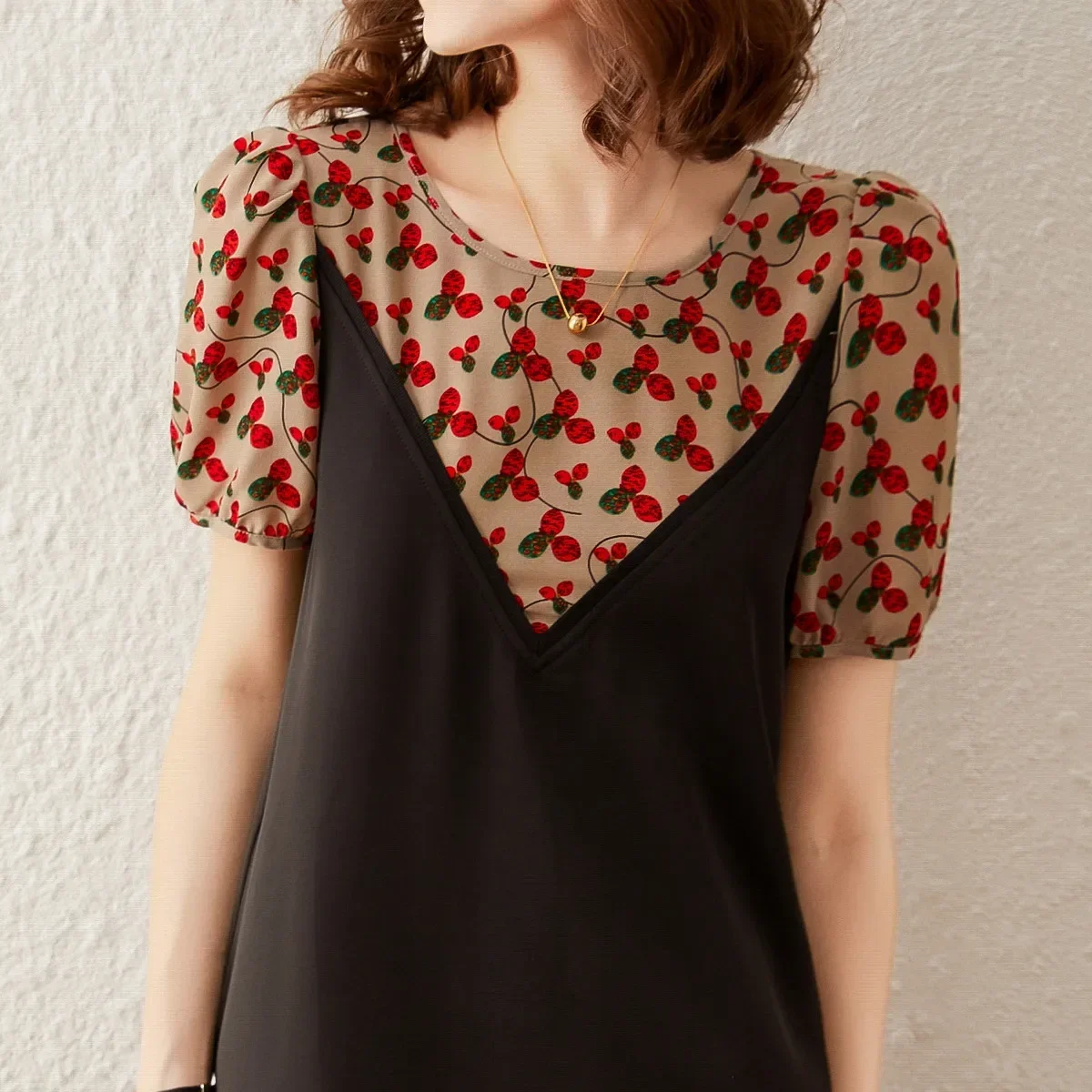 LOUISYAO وهمية قطعتين الربط كشكش فستان المرأة 2025 صيف جديد موضة الحلو فستان مُزين بطباعة فساتين الرقبة المستديرة