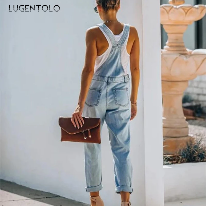 المرأة الدنيم حللا مثير ممزق Y على شكل حزام الكتف مستقيم اسطوانة جيوب مريلة السراويل موضة شارع العليا ملابس الحفلات