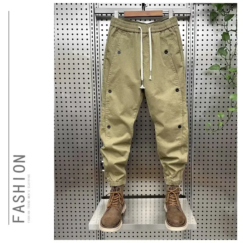 

2023 Khaki Cargo Pants Men Drawstring Ankle Length 9 Part Trousers Streetwear Fashion Cotton Pants Men Casual Work Pants