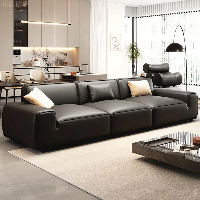 Italian Extremely Large Black Cow Couchsurfing First Layer Ecological Pine Bottom Frame Tofu Block Leather Sofa