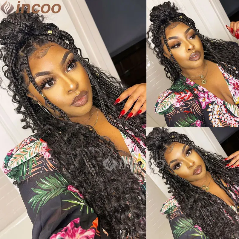 Synthetic Full Lace Front Box Braided Wigs Bohemia Braiding Wigs Boho Curls Ends Box Braids Wig With Baby Hair Wig Braided Wigs