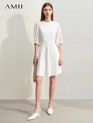 Amii Minimalism Dress Women 2024 Summer New Commuter Round Neck Splicing Female Shoulder Sleeves Waist A-Line Dresses 12422034