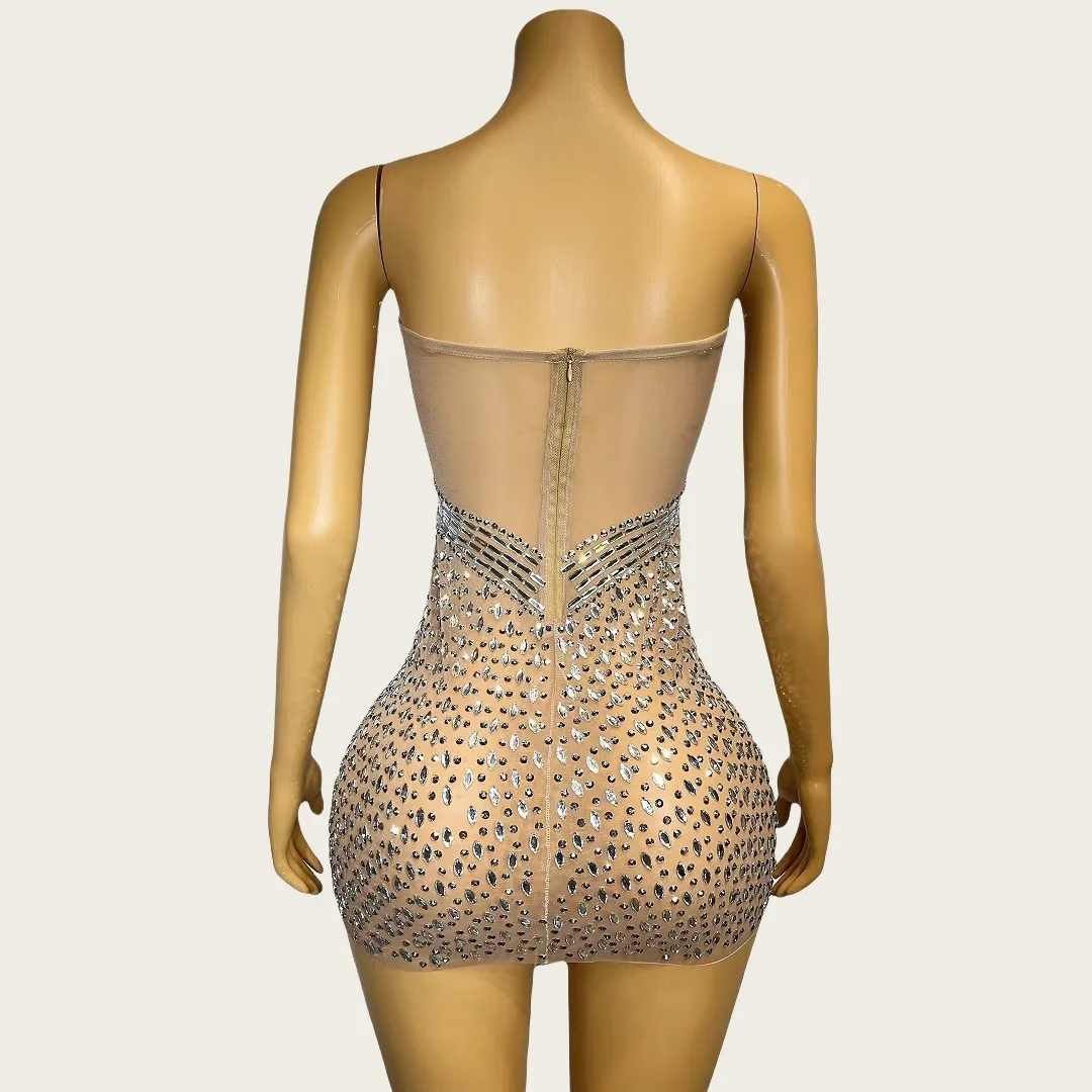 Abito ultra corto senza spalline con strass scintillanti da donna sexy couture festa di compleanno ballo vedere attraverso la maglia bar vestito da ballo Niujiao