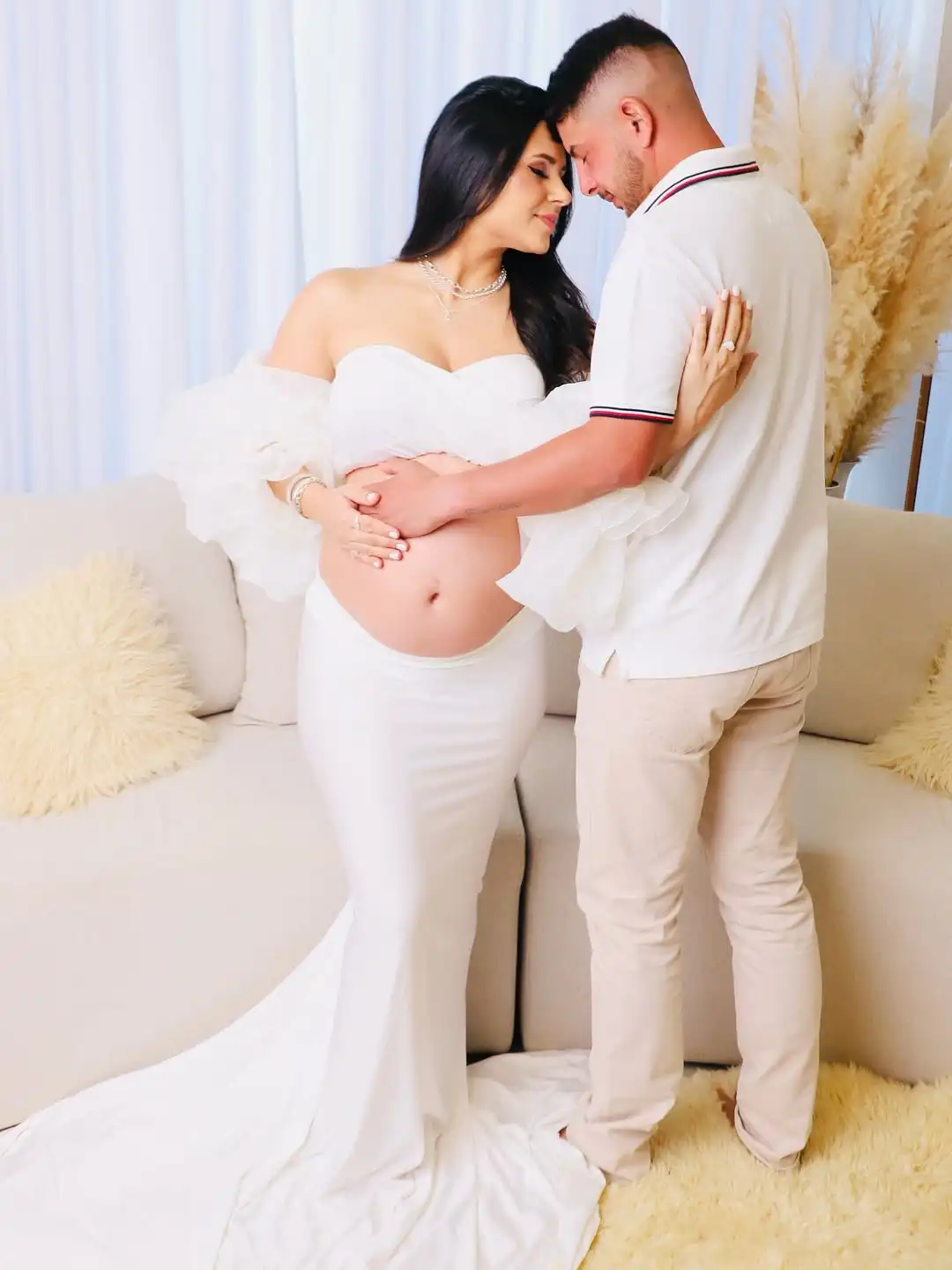 Jupe de maternité en satin blanc et haut court avec grandes manches à volants pour femmes enceintes, ensembles de 2 pièces confortables pour femmes enceintes