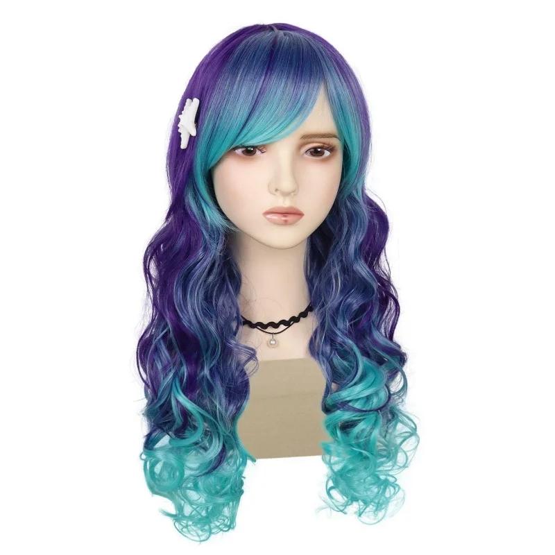 Purple Blue Ombre Long Wavy Synthetic Wig Side Bangs Starfish Clip Women Mermaid Halloween Party Cosplay Costume Hairpiece