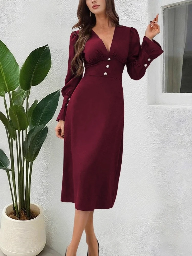 2025 Sexy Elegante V-hals Shirt Jurk Vrouwen Herfst Casual Lange Mouw Slim Fit Kantoor Dagelijkse Slijtage Chic Fall Flowy Jurken