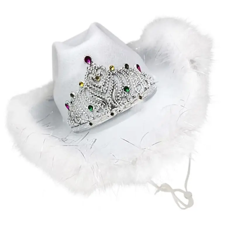 

39BB Rhinestones Crown Cowgirl Hat for Woman Male Breathable Cowboy Hats with Plush Trim Banquets Party Photography Hat
