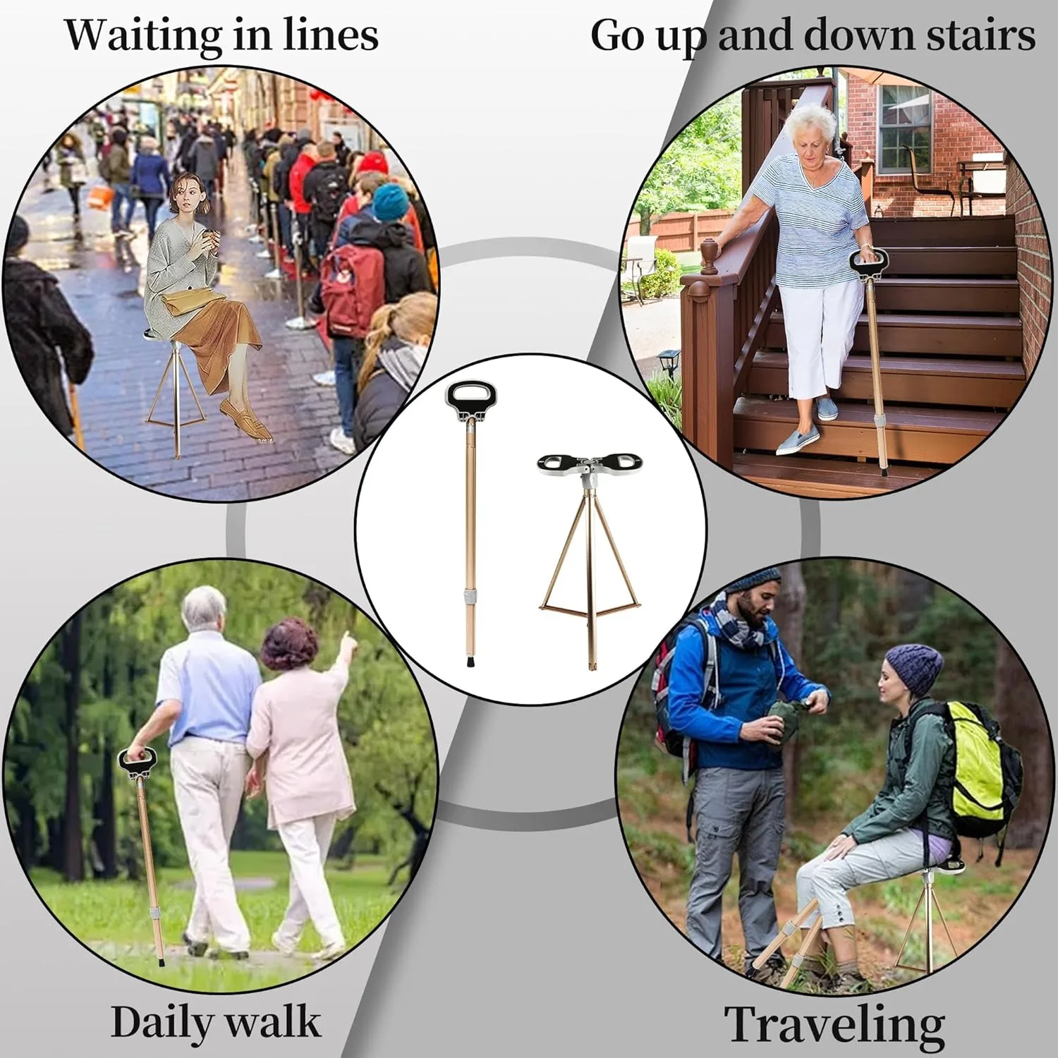 Folding Stool Cane for Seniors Outdoor Converts Walking Stick to Seat 150kg Aluminum Alloy Lightweight Portable Park Queue Trave