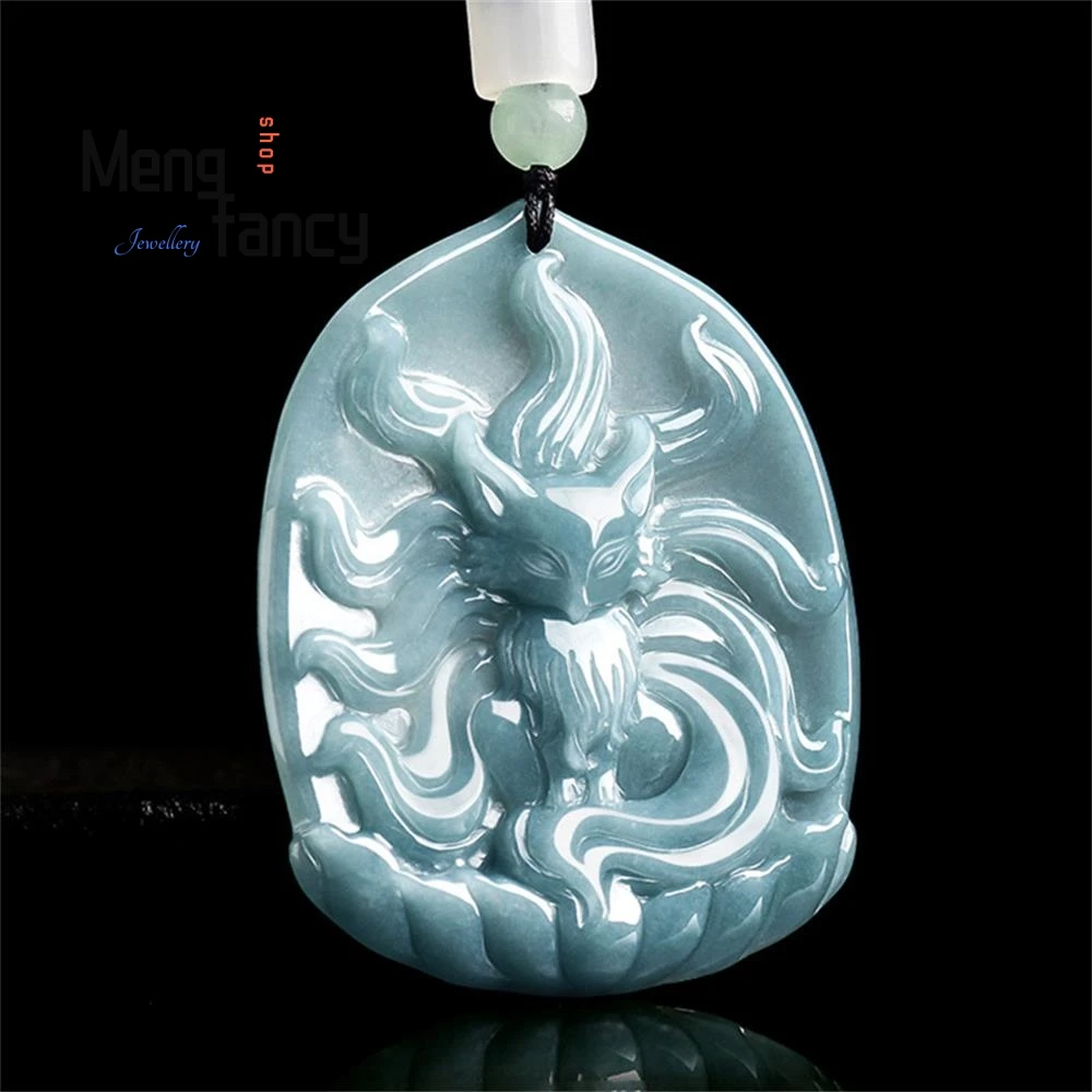 

Natural A-grade Jadeite Blue Water Nine-tailed Spirit Fox Glutinous Jade Pendant National Style Mascots Popular Fashion Jewelry