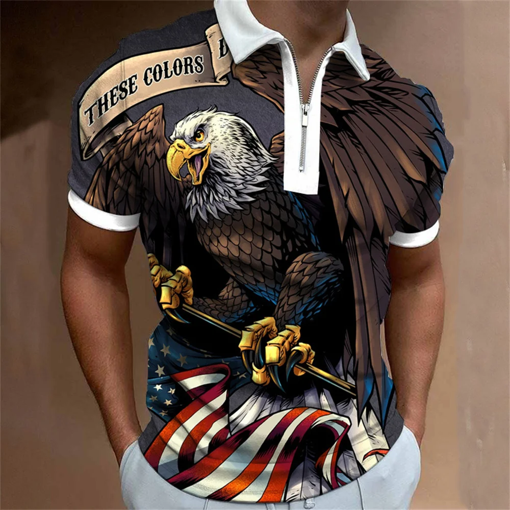 T-shirts Men Clothes Polo Shirts Street American Flag Print Casual Short Sleeve Tops Shirt New Turn-down Collar Zipper Clothing