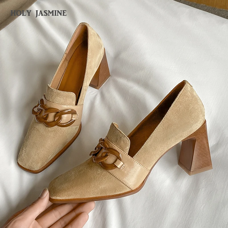 

Suede Square Toe Women's Spring Shoes 2023 Spring High Heels Pumps for Women Metal Decoration Working Party Shoes Woman Heels