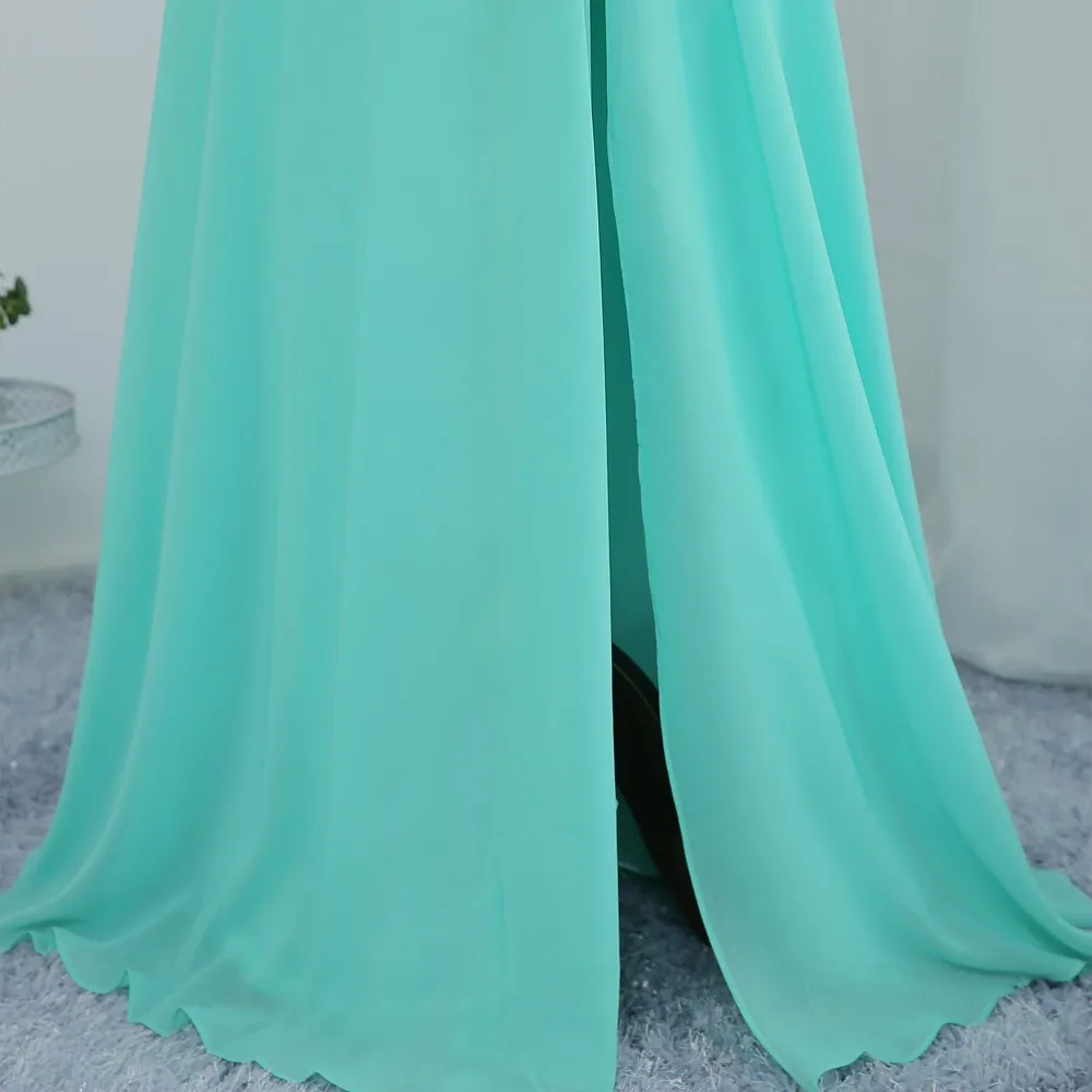 Turquoise Prom Dresses A-line One-shoulder Chiffon Beaded Slit Sexy Long Prom Gown Evening Robe De Soiree Customized