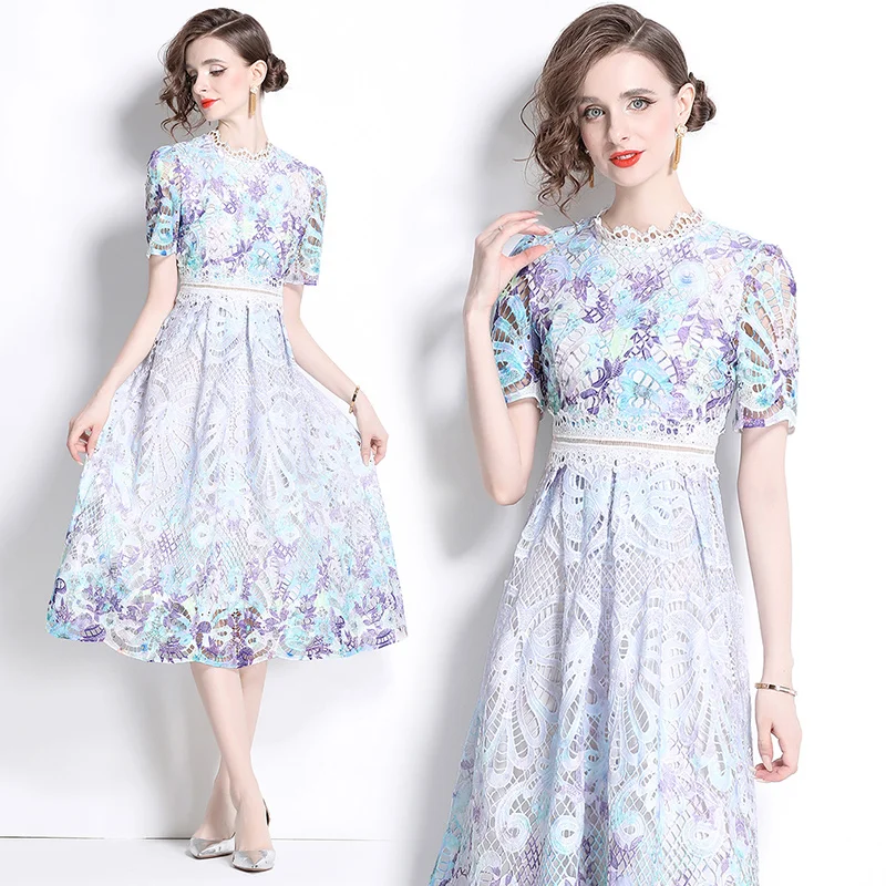 Fashionable slimming hollow out water-soluble lace positioning printing mid length dress YSQ539095