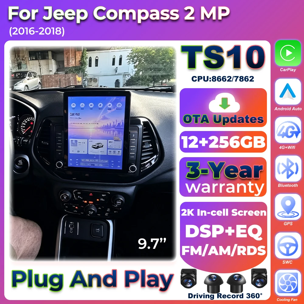 9.7'' Android 16 Auto Car Radio For Jeep Compass 2 MP 2016 2017 2018 Carplay BT 5G Wifi Video Multimedia Player GPS DSP Stereo