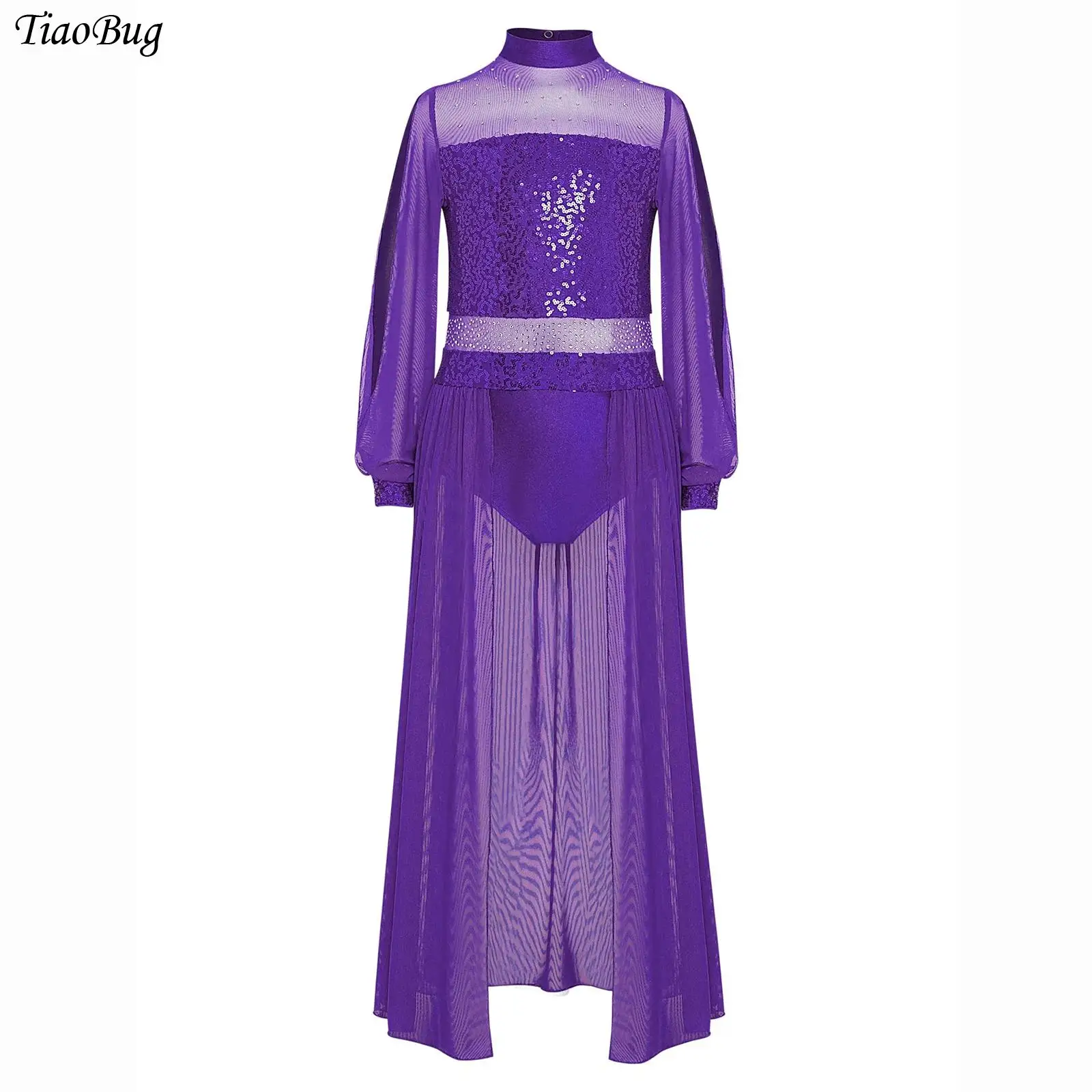 

Kids Girls Lyrical Dance Dresses Mock Neck Long Sleeves Sheer Mesh Shiny Sequins Split Dress Contemporary Modern Dance Costume