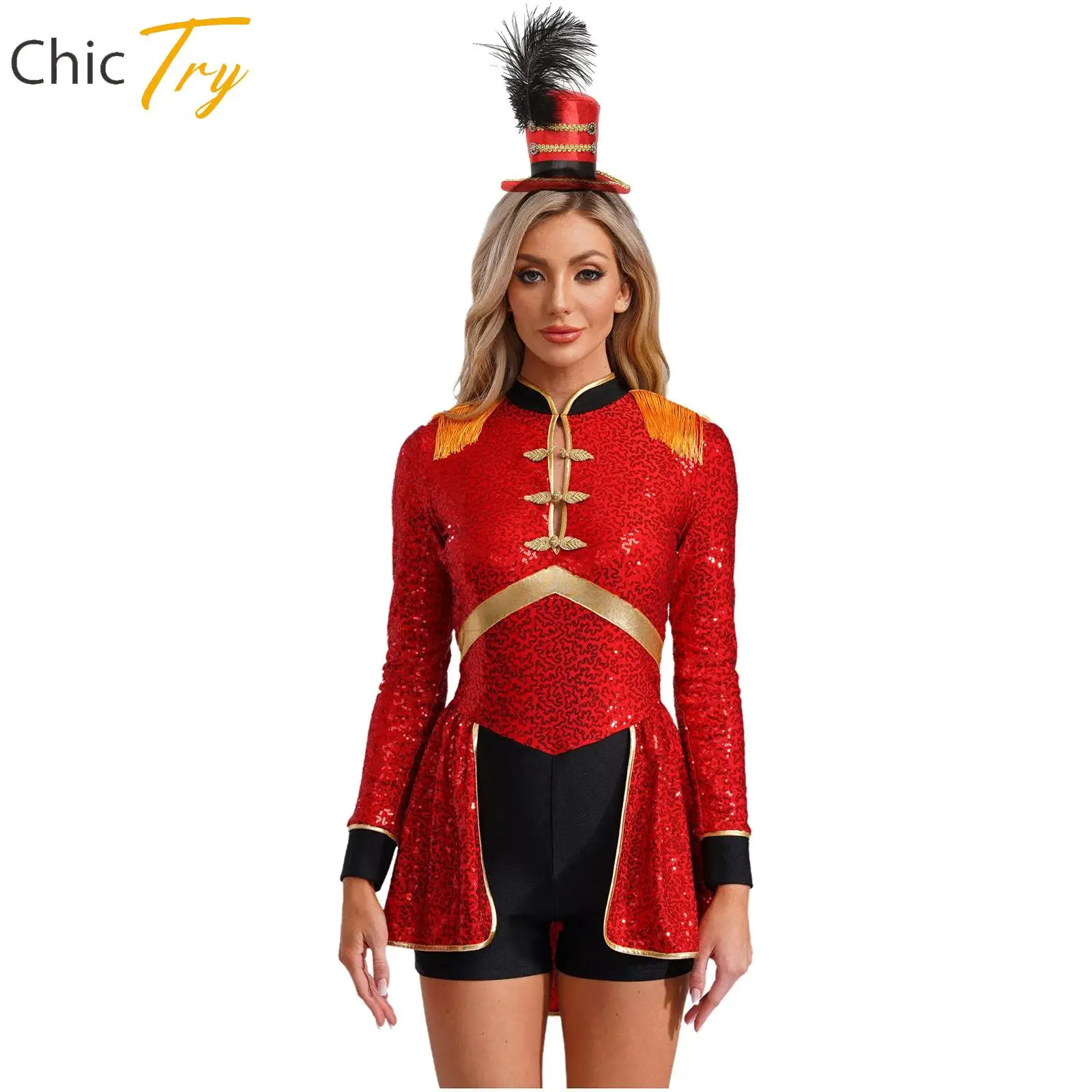 

Women Circus Ringmaster Magician Costume Cosplay Outfit Long Sleeve Tassel Sequins Bodysuit+Headwear Set for Festival Party