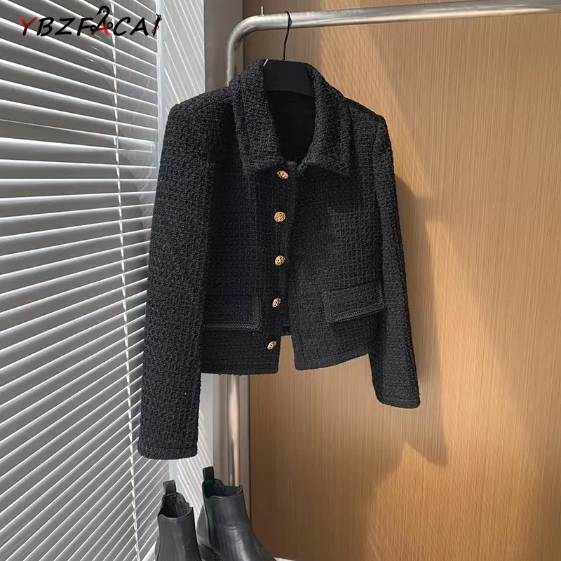 

Black Tweed Jacket Women Fall Winter Short Coat Long Sleeve Lapel Tweed Jacket Luxury Korean Fashion Gold Row Button Cropped Top