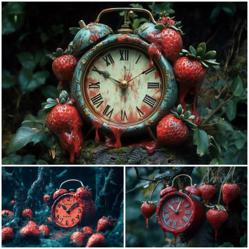 

Horror Halloween Strawberry Clock Photography Backdrop Family Cosplay Party Background Kids Portrait Photographic Photo Studio