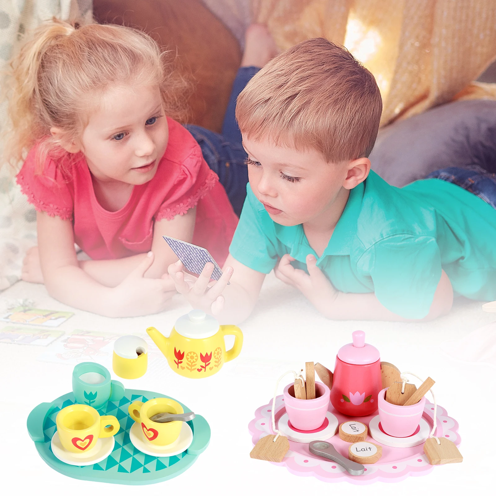 9/12Pcs Wooden Tea Set for Little Girls Afternoon Tea Pretend Toy with Teapot Cups Trays Tea Bags Toddlers Simulation Tea Toy