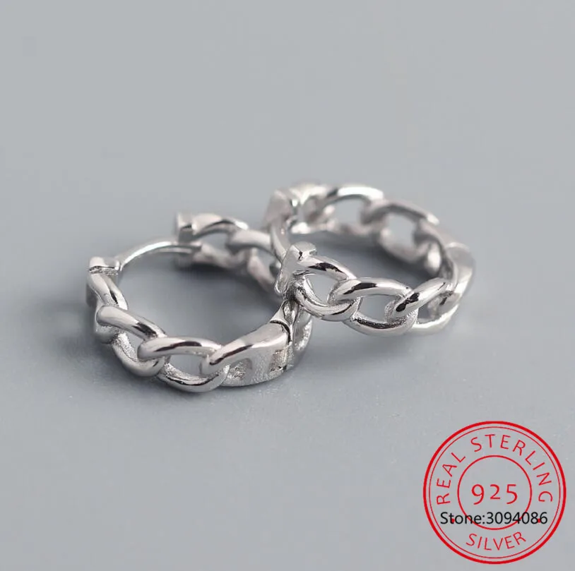 925 Sterling Silver Twisted Chain Ear Buckles Simple Punk Style Silver Hoop Earrings for Women Fine Jewelry BSE906