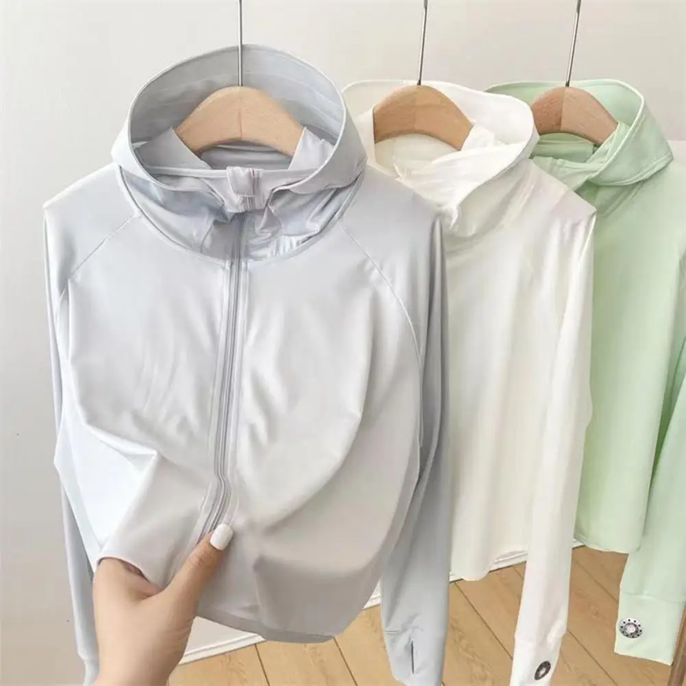 Summer Sun Jacket Women’s Ice Silk Sun Protection Jacket Quick-drying Hooded Long Sleeve Shirt Lightweight Stretchable Outdoor