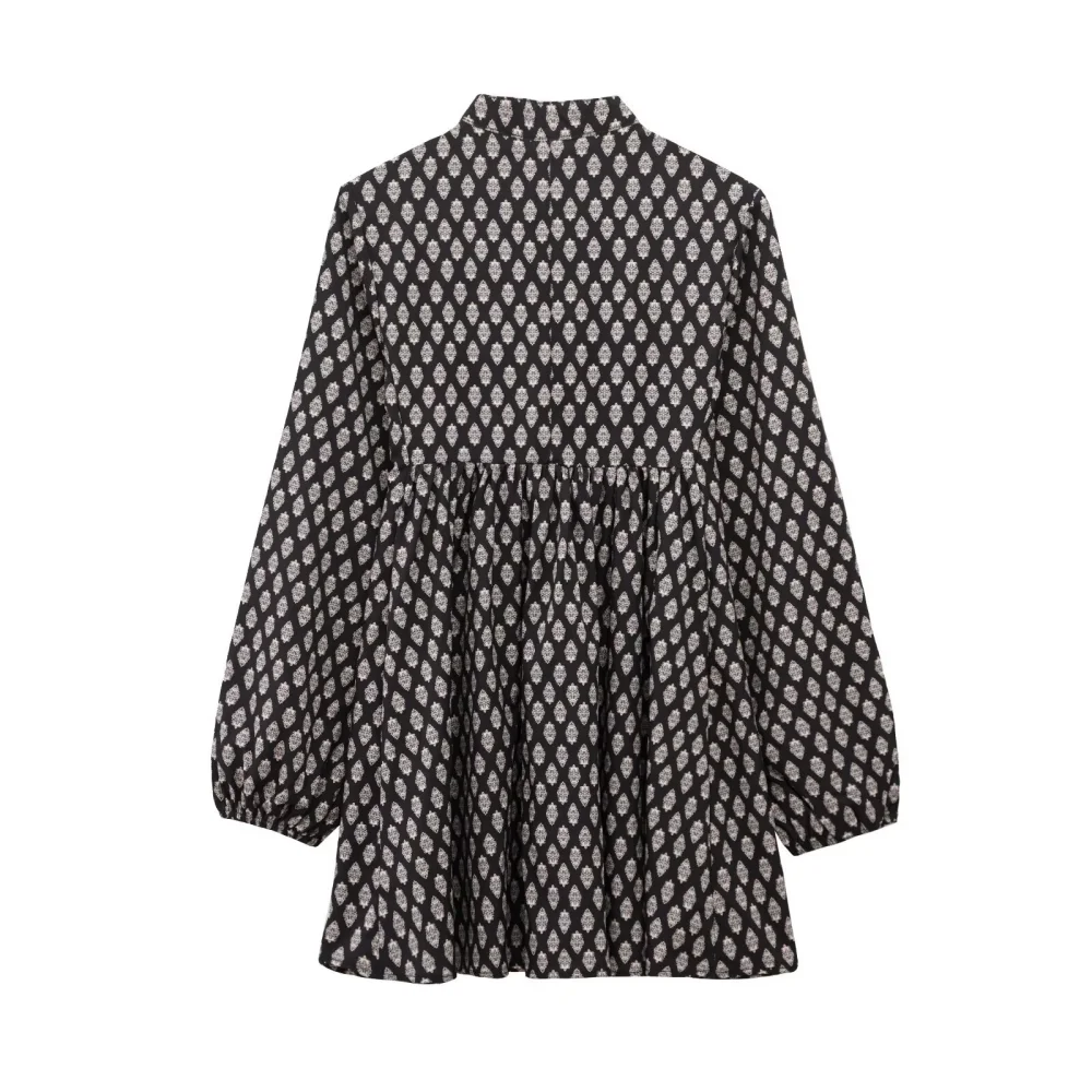 BM MD ZA dames mini-jurk met lange mouwen, zwart-wit patroon, strikhals en kwastjes, stijlvol en Boho - insp