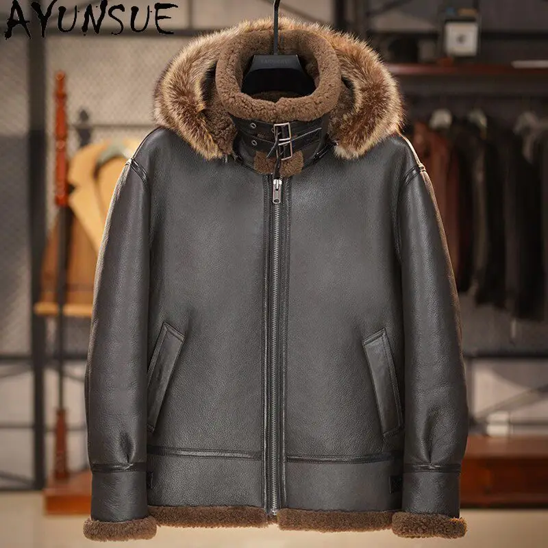 AYUNSUE High Quality Real Fur Coat Men Heavy Wash Oil Wax Natural Sheep Wool Fur Jacket Genuine Leather Fur Coats Warm Outerwear