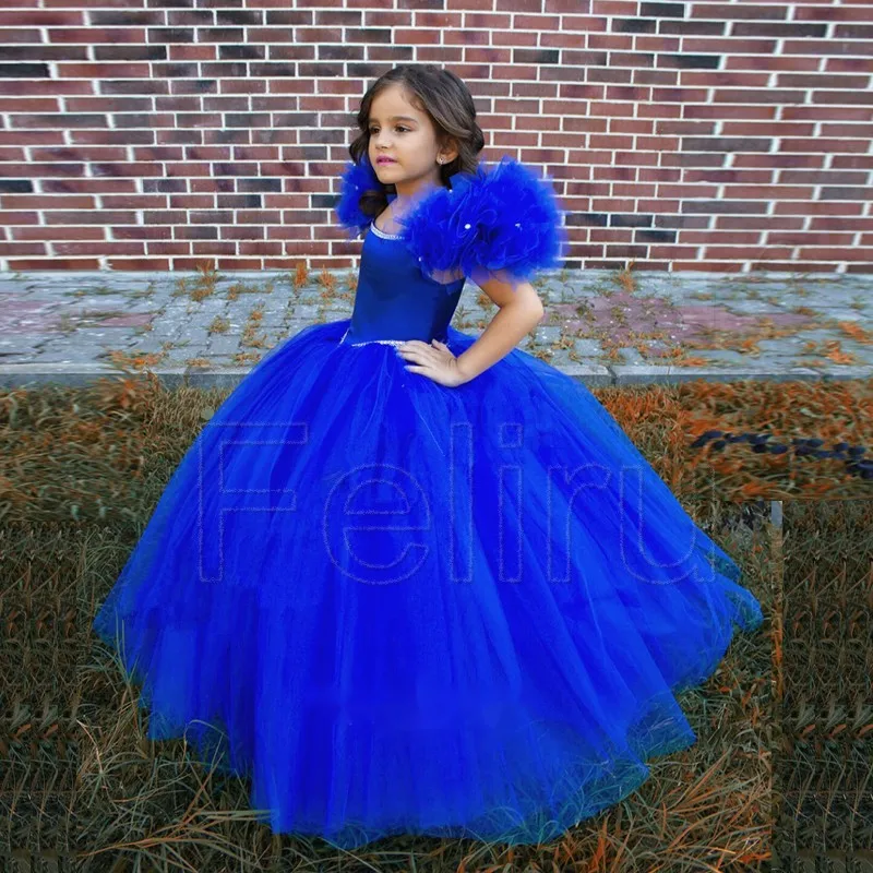 Plus Size 0-16Y Royal Blue Tulle Flower Girl Dress Beads Birthday Baby Wedding Party Gowns First Comunion Customes