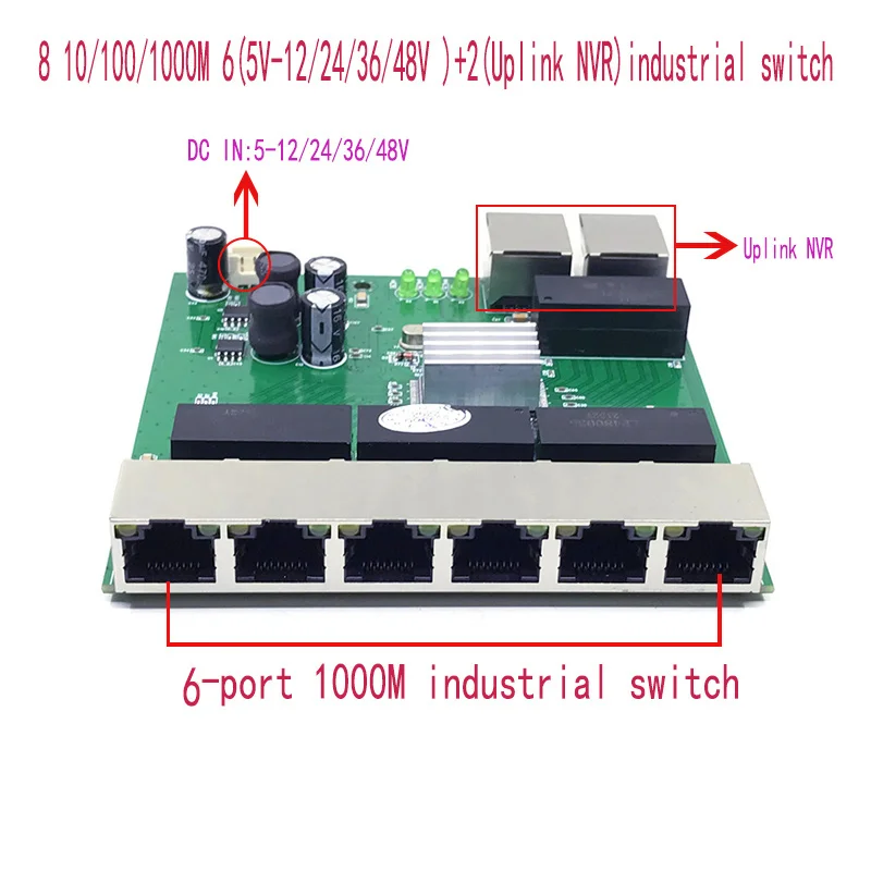 Industrial Ethernet Switch Module 8 Ports Unmanaged10/100/1000mbps board OEM Auto-sensing Ports PCBA board 5V12V24V36V48V