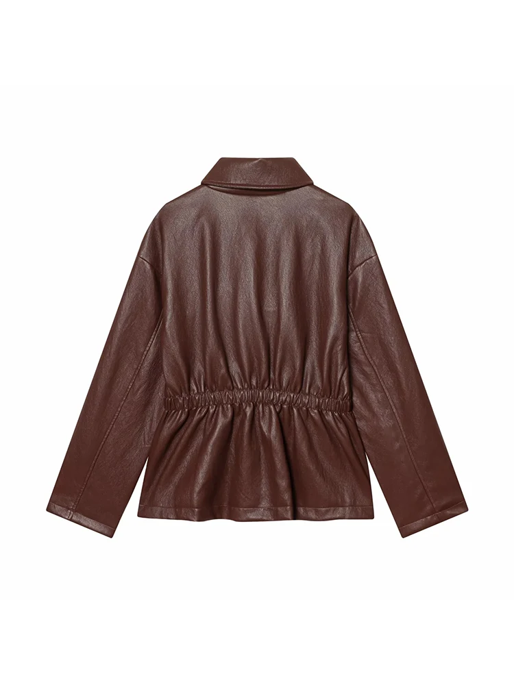 Jaqueta Curta de Couro Sintético Feminina para Primavera e Verão, Moda Urbana com Lapela e Bolsos