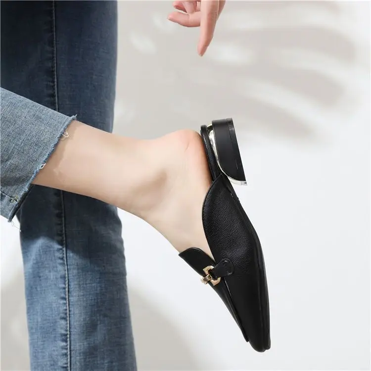 Black Job Low Heel Outside Leather Mules Nude Color Women\'s Slippers and Ladies Sandals Slides Shoes Small Size on Offer Trend F