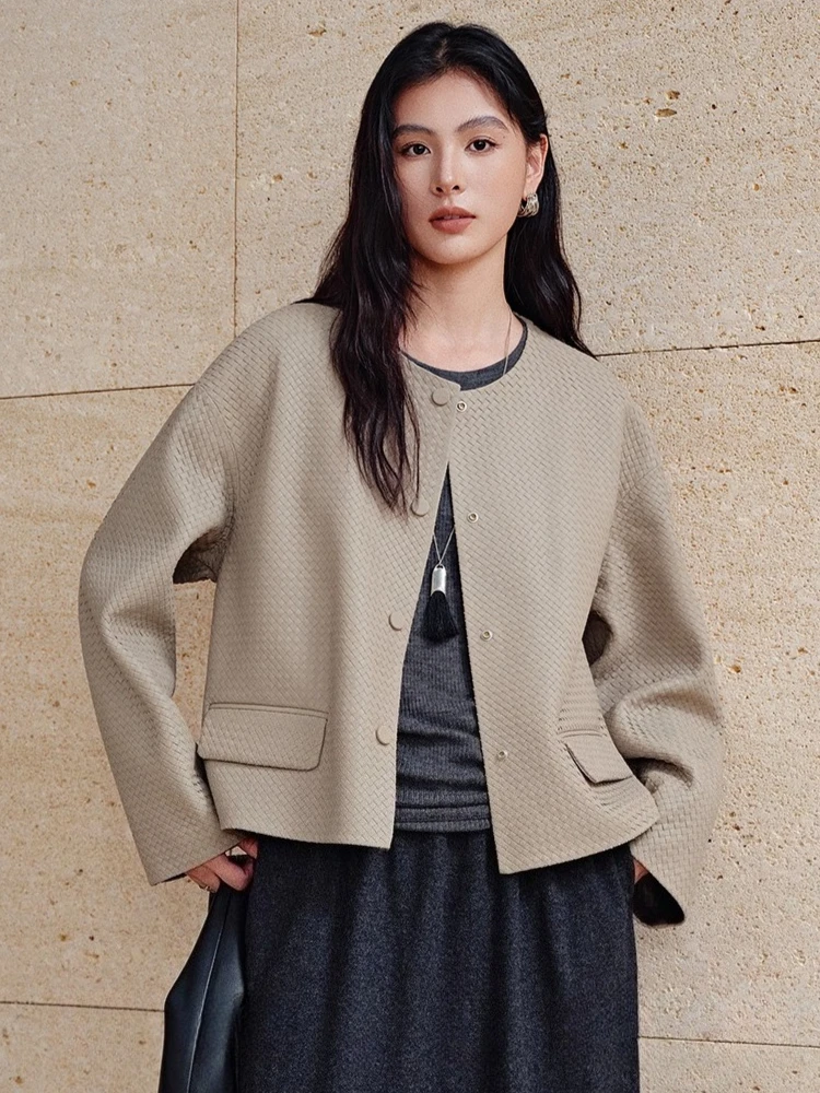 

Classic O-neck Genuine Leather Jackets for Women Spring Autumn High-end Simple Solid Short Hand-woven Real Goatskin Leather Coat