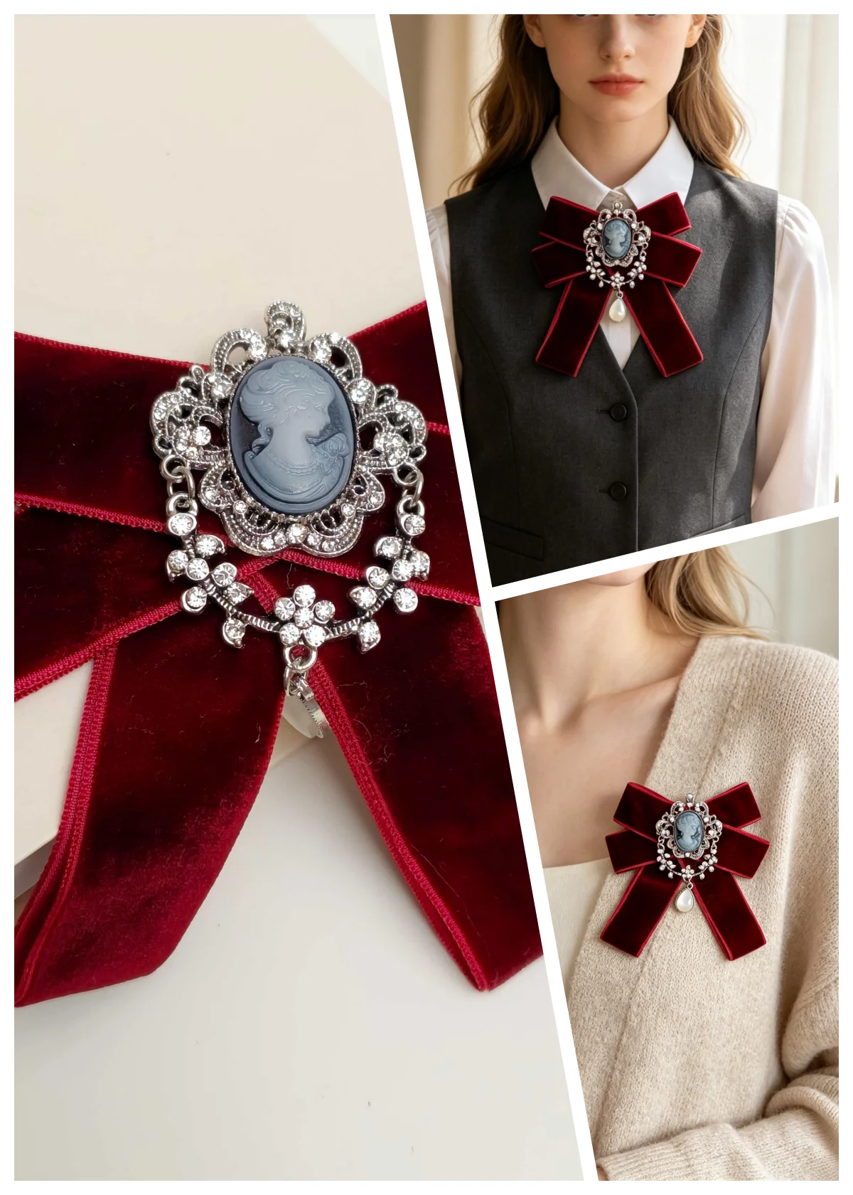 Vintage European-Style Burgundy Velvet Bow Tie, Cameo Portrait Embossed with Rhinestones, Water Drop Pearl Pendant Collar Accessory, Elegant Girl's Shirt and Suit Decorative Collar Flower, Evening Gown, Lolita, Photo Shoot Niche Accessory