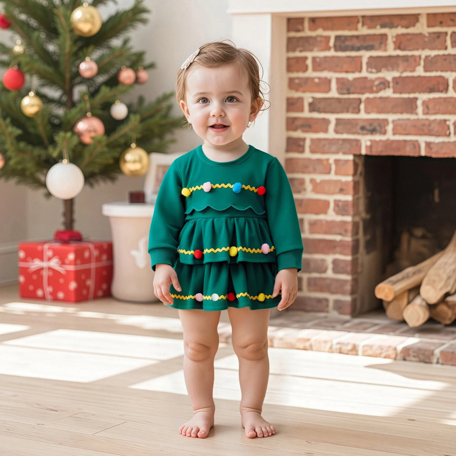 

Suefunskry Baby Girls Christmas Romper Dress Long Sleeve Poms Layered Bodysuit Clothes for Casual Daily