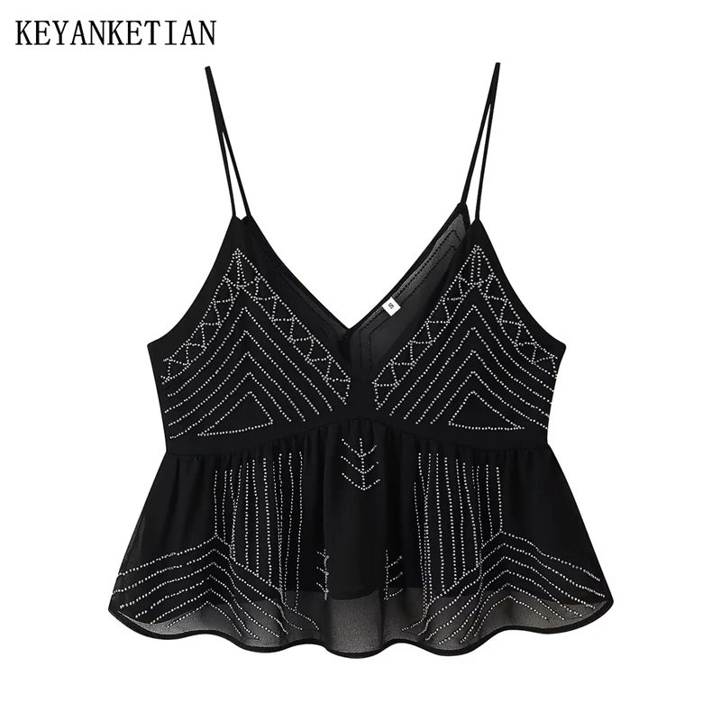 

KEYANKETIAN 2025 Summer New Women Beading Decoration Tiered Ruffles Halter Top Fashion Sexy V-Neck Backless Chiffon Camisole