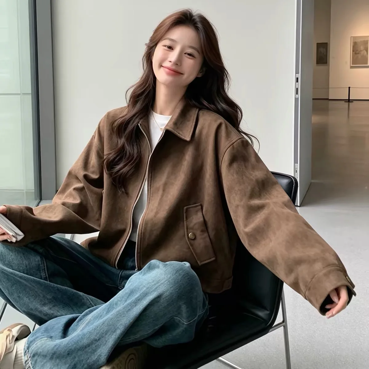 Brown Suede Short Jacket Versatile Design Spring Autumn Retro Style Women's Fashion Outerwear Compact Size Ideal Top