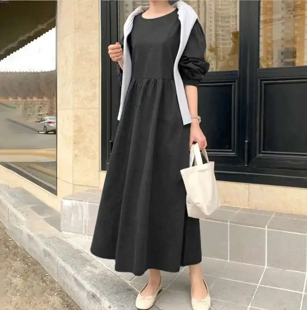 Robe longue en Denim, col rond, manches longues, ample, style bohème, couleur unie, tempérament, dubaï, luxe, Islam, élégante, nouvelle collection 2025